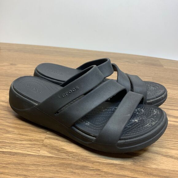 CROCS Boca Womens Size 10 Black Strappy Wedge Dual Comfort Sandals Slip On - Picture 1 of 9